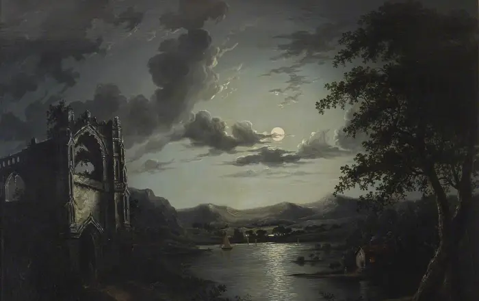 William Pether (1731 1819)   Moonlit Lake, with a Ruined Abbey and a Cottage with an Illuminated Window   515684   Natio