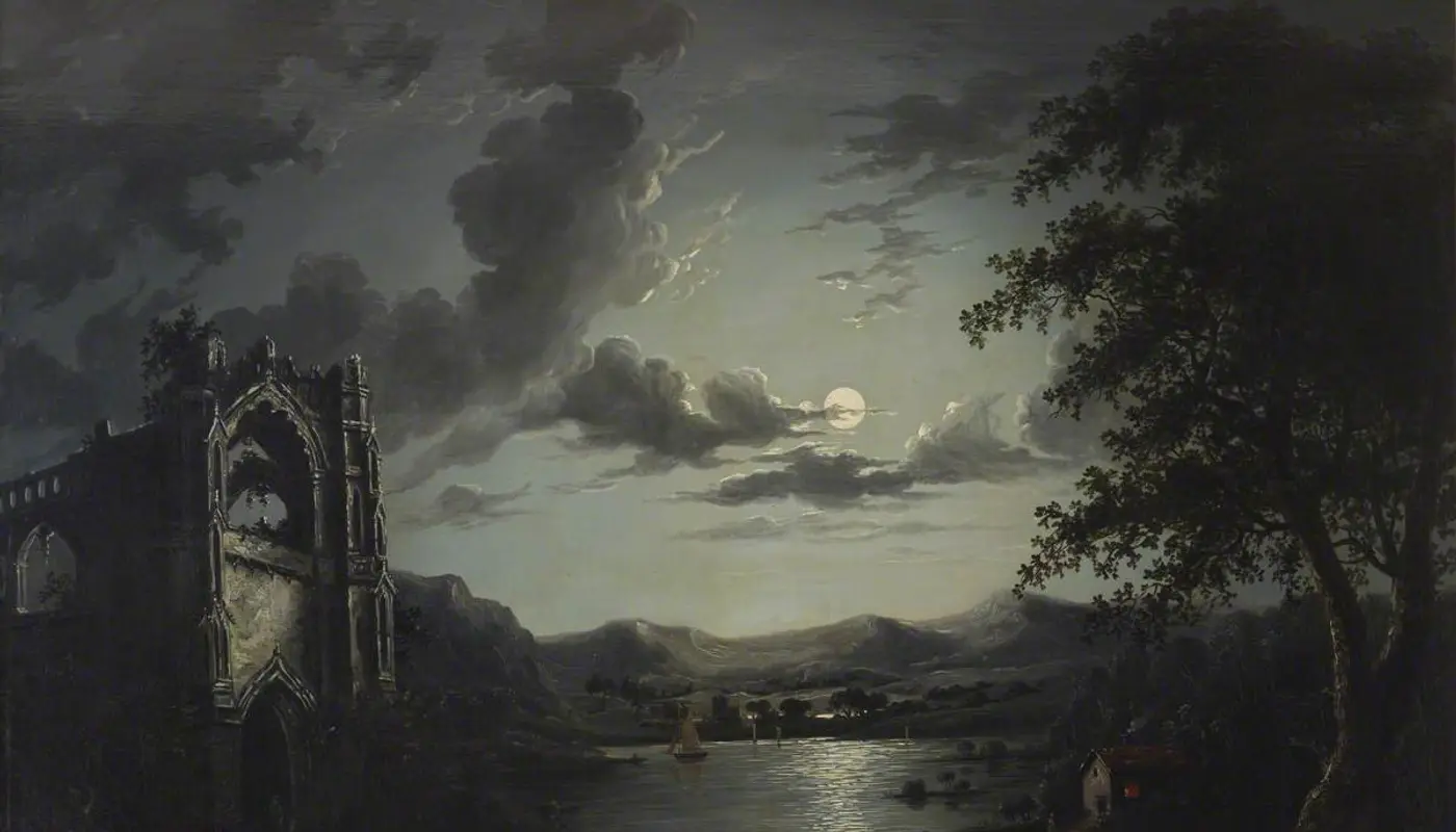 William Pether (1731 1819)   Moonlit Lake, with a Ruined Abbey and a Cottage with an Illuminated Window   515684   Natio